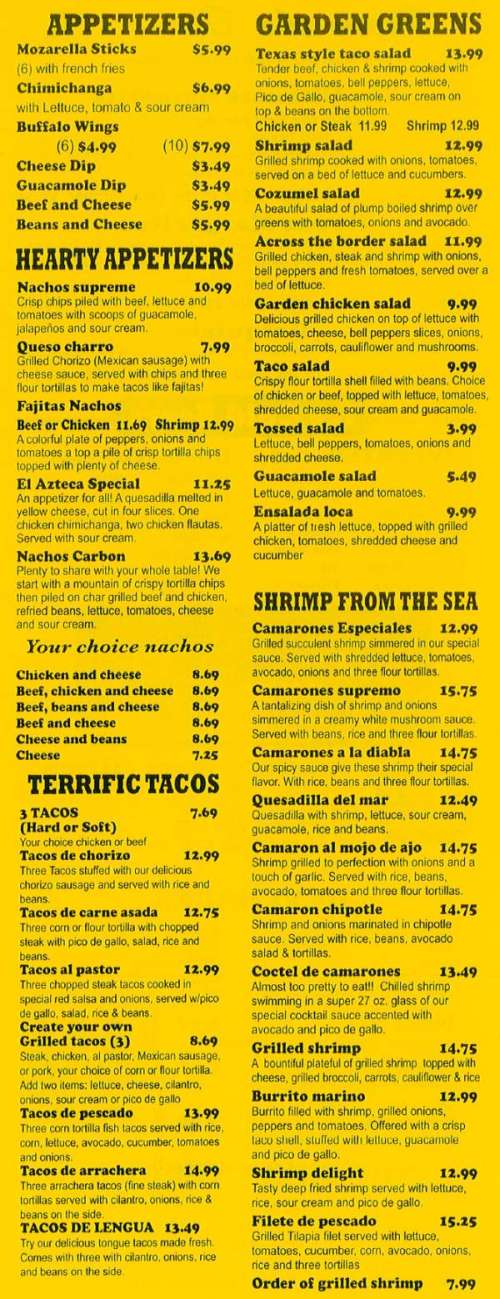 Page 1 of menu, El Aztecas Mexican Restaurant in Allendale, MI