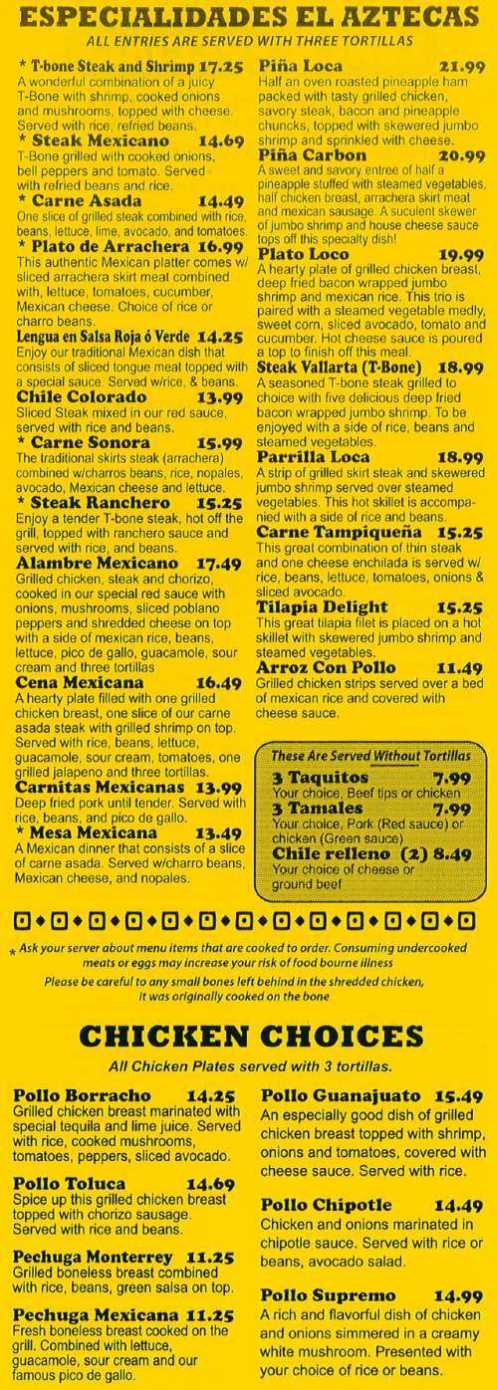 Page 4 of menu, El Aztecas Mexican Restaurant in Allendale, MI